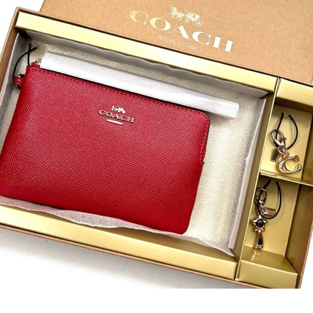Coach Boxed Red Leather Corner Zip Wristlet with "C" & Shooting Star Charms NWT